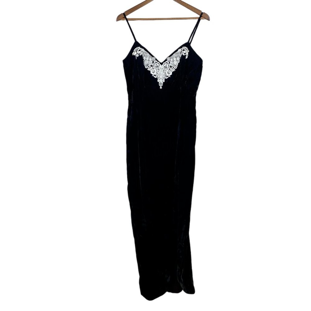 Roberta‎ Evening Gown 13/14 Black Velvet Lace Sheath V-Neck Long Slit Vintage